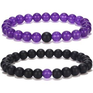 Stylish Couple's Black Matte and Purple Agate Bracelets - Ideal for Connection